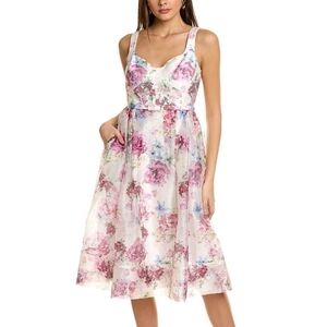 ML Monique Lhuillier Elegant Floral Midi Dress in Pink and Blue
